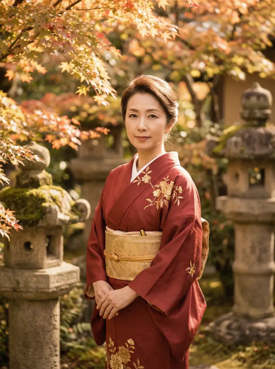 一位身穿暗红色和服的优雅 美嘉体育皇冠官网 在日式庭院中